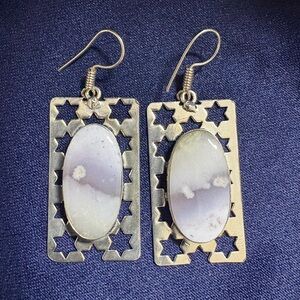 🥳Earrings* Orca Agate Stones Silver Grid Star Pierced Earrings